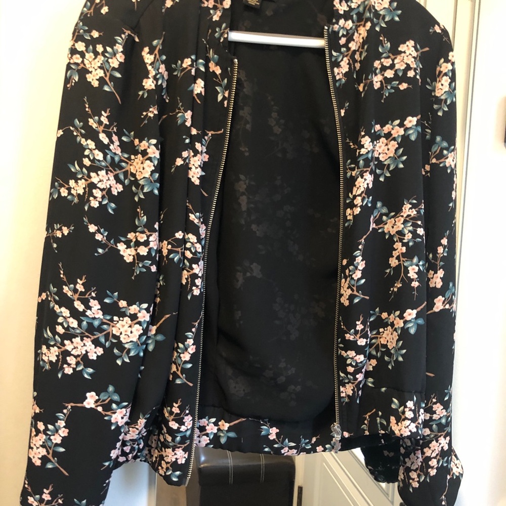 Dalia Black Floral Zip-Front Bomber Jacket with Pink Blossoms